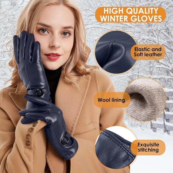 Women's Winter Leather Gloves Texting Warm Driving Lambskin Gloves Navy - Picture 2 of 7